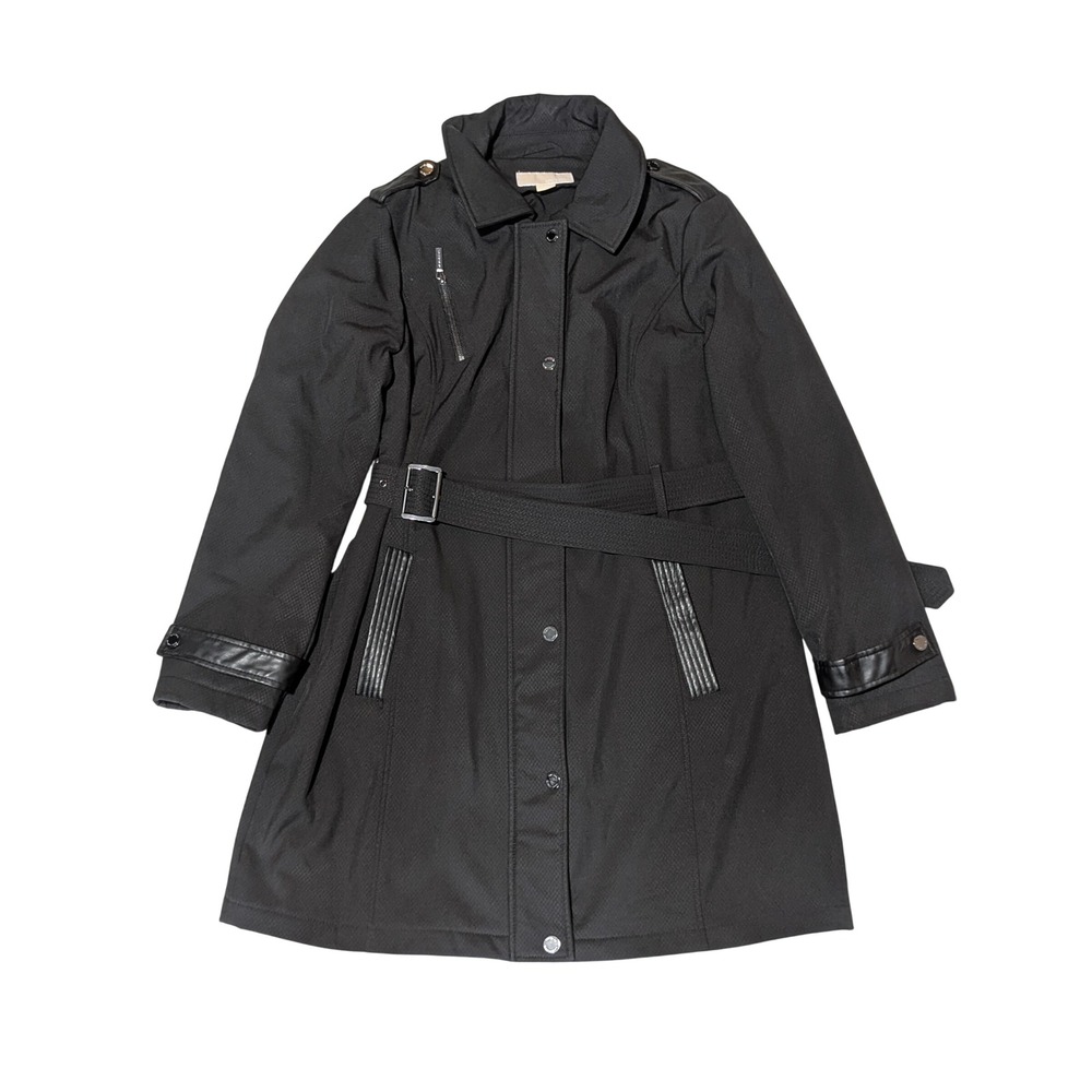 Michael Kors Trench Coat Women Large Black Belted Faux Fur Lined Softshell